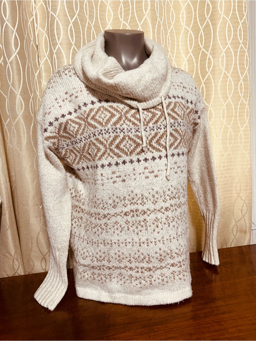 Cottagecore Eddie Bauer Cream and Brown Cowl Neck Fair Isle Sweater